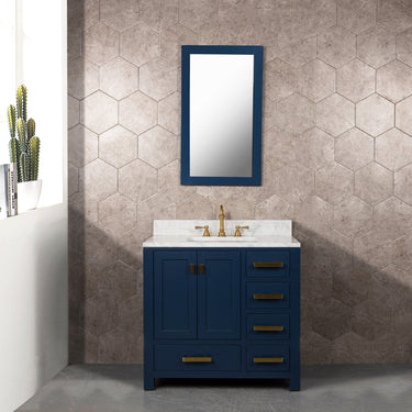 Madison 36-Inch Single Sink Carrara White Marble Vanity In Monarch Blue With Matching Mirror Vanity Water Creation